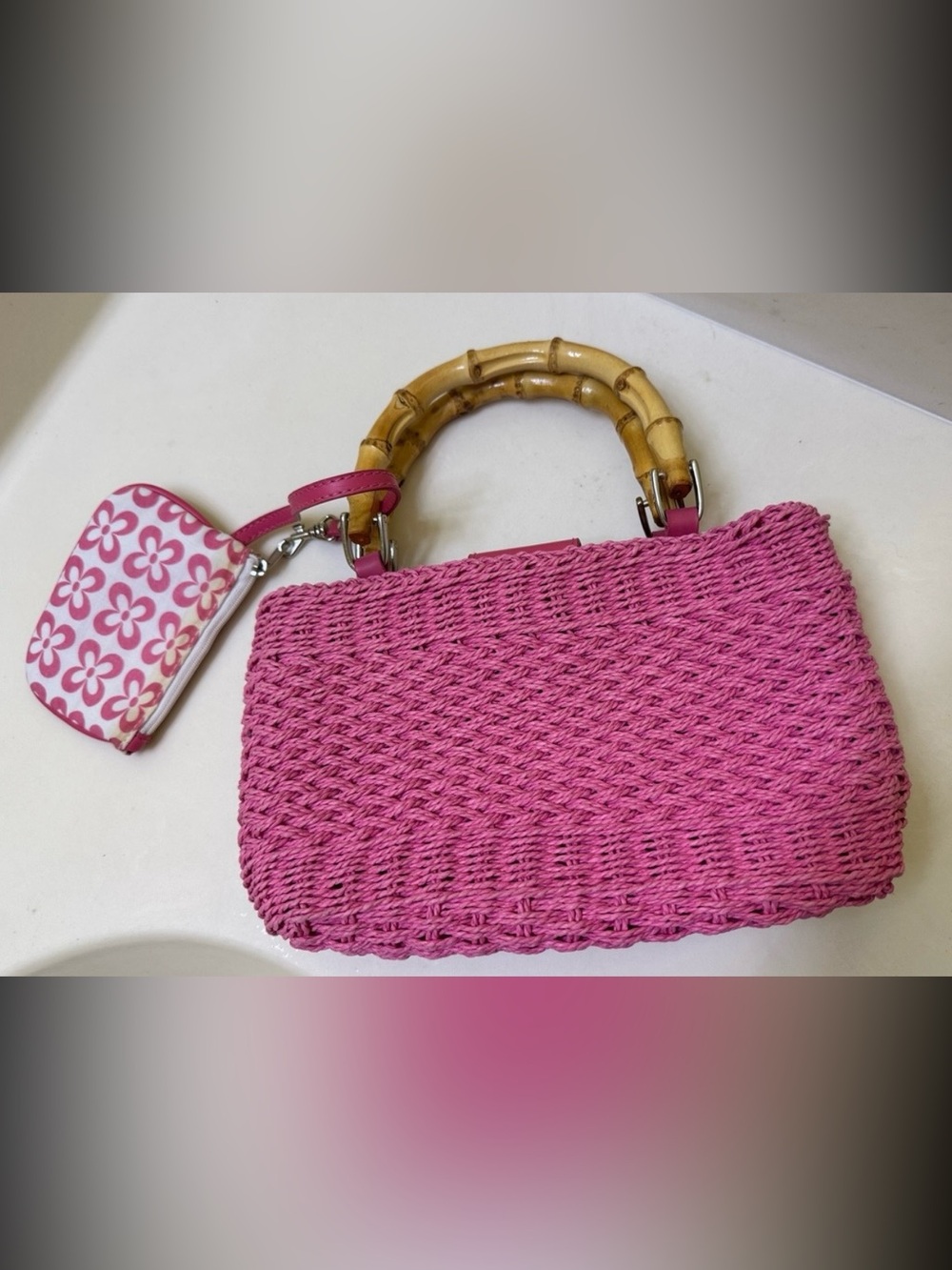 Amanda Smith Pink crotchet Woven Handbag with Bamboo Handles